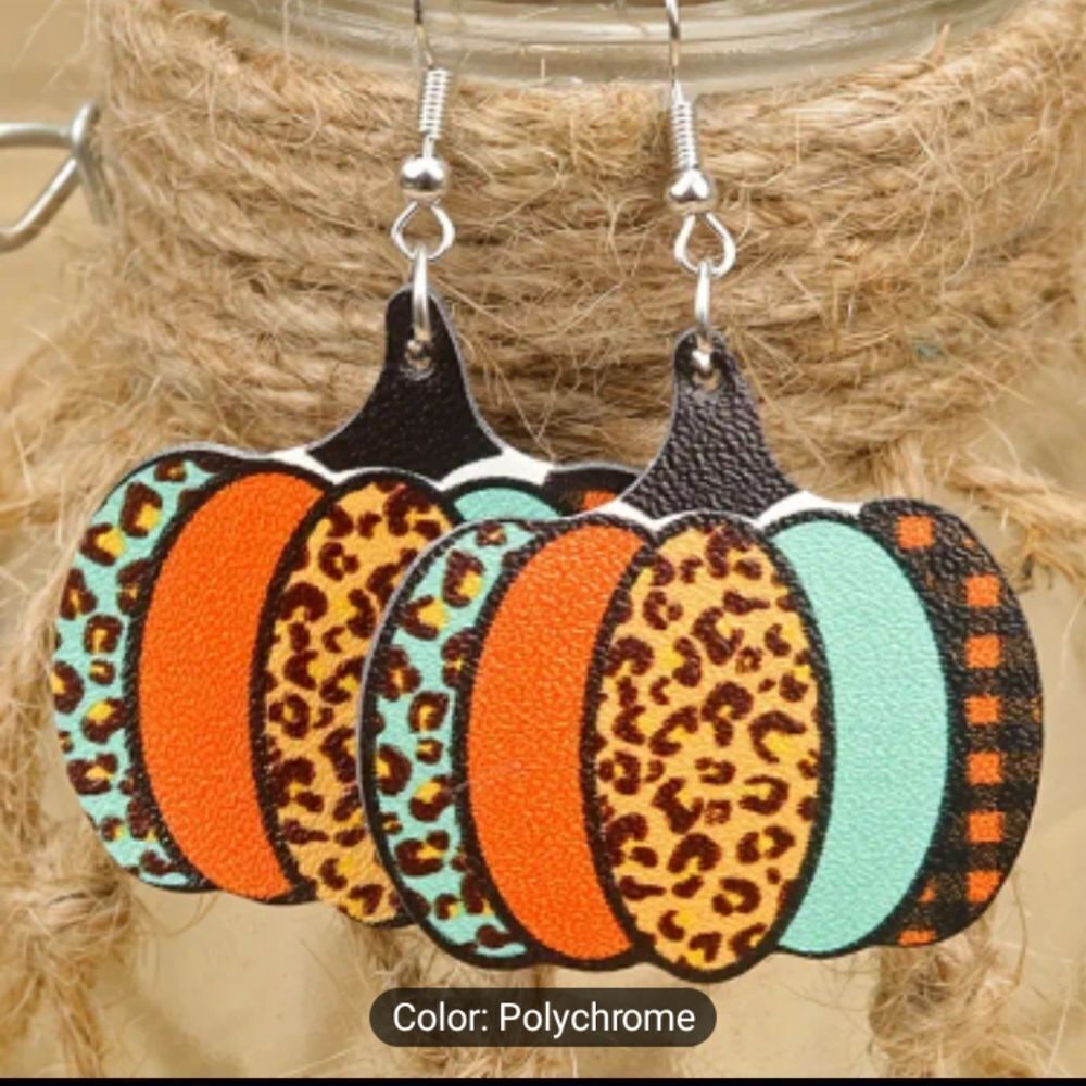 Pumpkin earrings thanksgiving leopard teardrop faux leather new e62